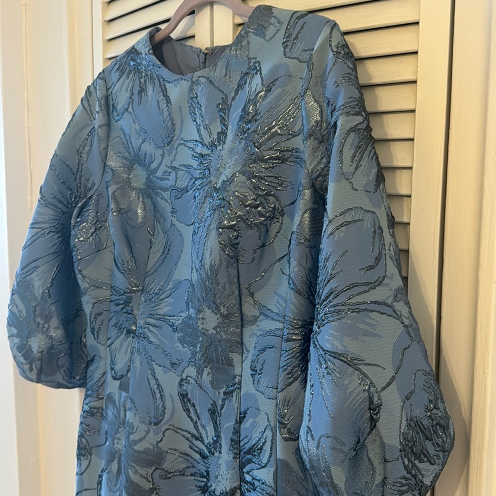 Blouson-Sleeve Metallic Jacquard Midi Dress